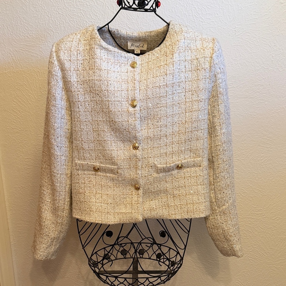 🎂🎂🎂BOGOHO 🎂🎂🎂Marled Cream Tweed Blazer with Gold Buttons-XL